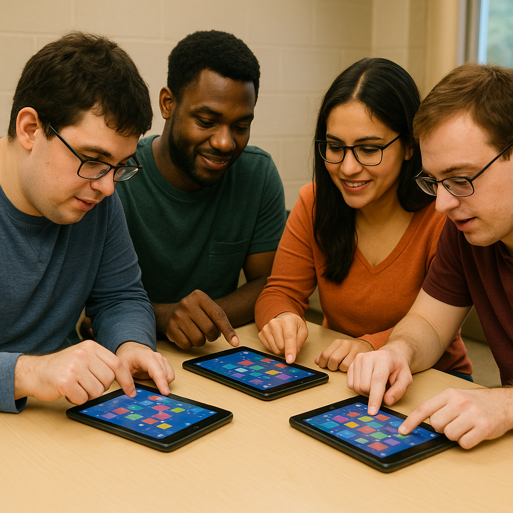 Adults engaging on tablets together