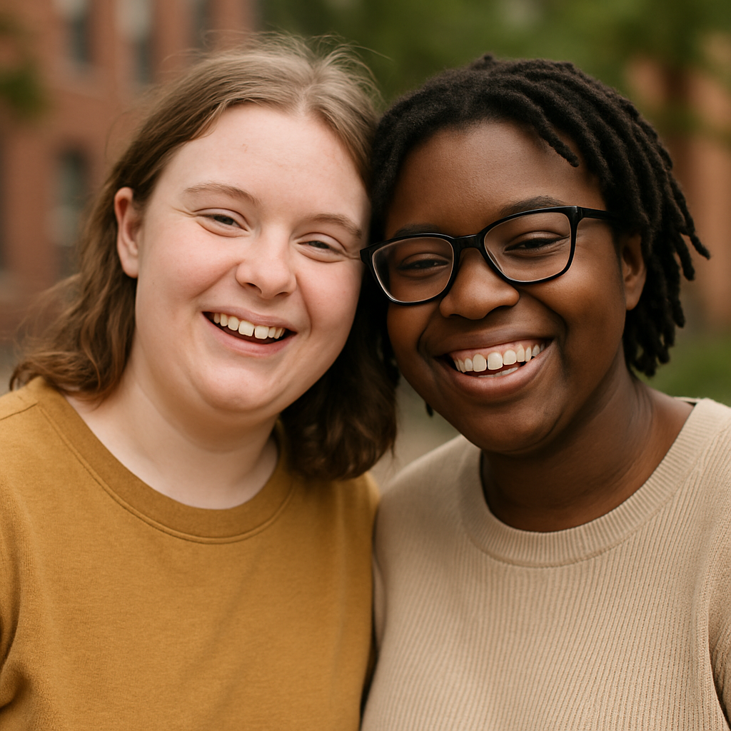 Two friends smiling together